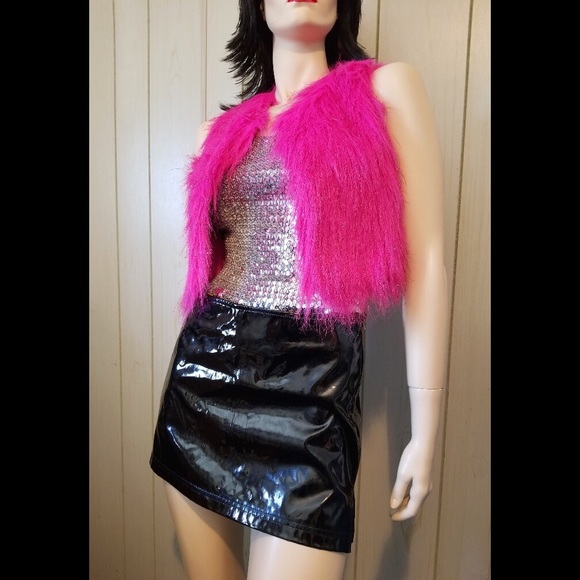 DREAMWORKS Trolls Shimmery Hot Neon Pink Monster Fur Cropped Vest Top - Picture 5 of 10